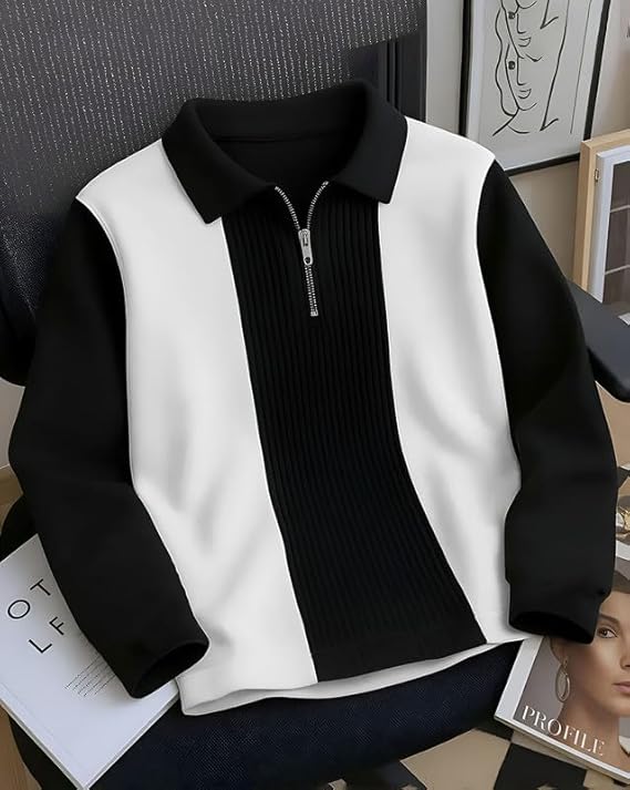 T-Shirt for Men Zip Neck Texture Self Design Cotton Blend Mens Tshirts - Image 3