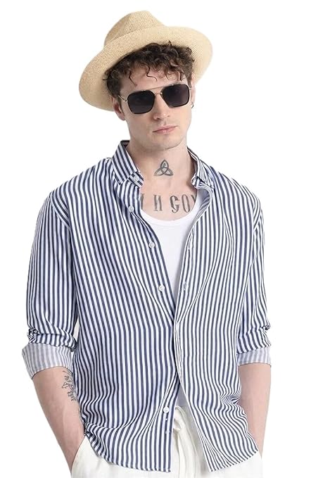 U TURN Men's Cotton Casual Printed Striped Stylish Latest Shirt for Men - Image 3