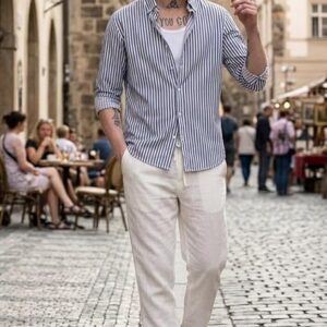 U TURN Men's Cotton Casual Printed Striped Stylish Latest Shirt for Men
